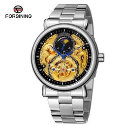 Wristwatches Forsining Luxury Design Gold Skeleton Watch Genuine Steel Strip Mens Mechanical Clock Male