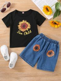 Toddler Girls Sunflower Print Tee With Denim Shorts SHE