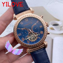 Luxury Business Men's Leather Wristband Watch Round Stainless Steel British Style Fashion Clock Flywheel Skeleton Automatic Dating Mechanical Wristwatch