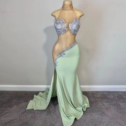 Green Sexy Illusion Mermaid Prom Dress 2022 For Black Girl Beading Sequined Sleeveless High Slit Graduation Dresses Evening Party Gowns Robe De Bal