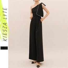 Jumpsuit Women Summer Elegant Fashion Bow Slant Shoulder Wide Leg Pants Party Jumpsuits Romper 210608