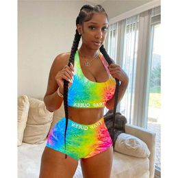 Women's Tracksuits Young Women's Summer Products Recommend Sleeveless Low Collar Fashion Temperament Tight Print Yoga Shorts Suit.Women'