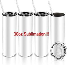 30oz Sublimation Tumblers with Straws Lid Stainless Steel Double Wall Vacuum Insulated Outdoor Cups Travel White Mugs Gift for Men and Women