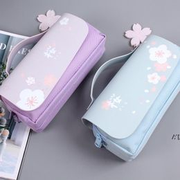 Pencil Bag PU Leather Pen Case Kawaii Stationery Ruler Pouch for School Girl Sweet Eraser Holder Gift Box Flowers Storage BBB14887