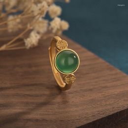 Wedding Rings Vintage Style Gold For Women Inlaid Green Natural Jade Beads Dimple China Jewellery Opening Adjustable Ring Gifts 2022 Rita22