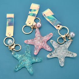 Cartoon Pearl Shell Starfish Keychain Pentagram Crystal Key chain Ladies Bag Car Key Alloy Pendant Jewellery