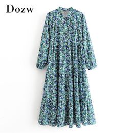 Spring Loose Floral Print Long Maxi Dress Stand Collar Vintage Pleated Dress Women Long Sleeve Plus Size Ladies Dresses SL 210414