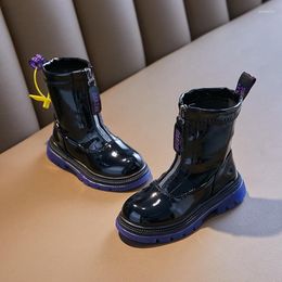 Boots Kids Fashion 2022 Spring Glossy Colored Bottom Tide Children Unisex Black PU Ankle For Toddler BoysBoots