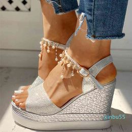 Dress Shoes Women Wedge Sandals Summer Bead Studded Detail Platform Buckle Strap Peep Toe Thick Bottom Casual Ladies