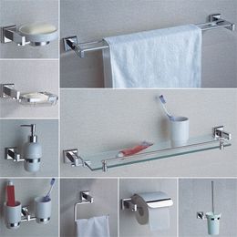 Badezimmer-Hardware-Zubehör Chrom Einzelhandtuchhalter Schiene Toilettenpapierhalter Dusche Seifenschale Pumpe Bürstenhalter Glasregal T200425