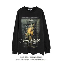 Moishe Tide American Style High Street Floral Print Round Neck Sweater for Men and Women Loose Ins Hip-hop Couple Bottoms