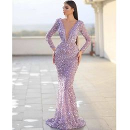 Sexy Mermaid Prom Dresses Sexy Deep V Neck Long Sleeves Purple Sequins Satin Appliques Beads Sequins Lace Floor Length Plus Size Formal Party Gowns Custom Made