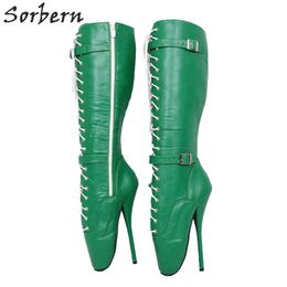 Sorbern Matte Green Mid Calf Boots Women Cross Lacing Dominatrix Sexy Fetish High Heel Boots Custom Wide Fit Calf Boot Females