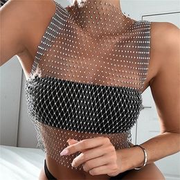 Shiny Tank Top Women Sexy See Through Grid Patchwork Hollow Out Sleeveless Crop Fashion Clubwear Lady s 220316