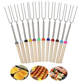 12 Colors Telescoping Marshmallow Hot Dog Roasting Sticks BBQ Tools Stainless Steel SkewersExtending Roaster With Wooden Handle For Cooking/Campfire/Bonfire