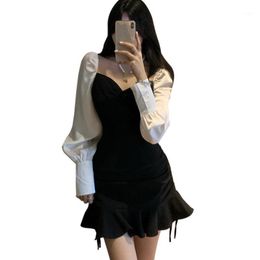 Autumn Women Sexy Irregular Collar Tight-fitting Dress Long-sleeved Side Rope Design Versatile Stitching Dresses Casual