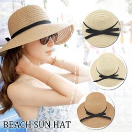 Wide Brim Hats Foldable Summer Bow Straw Hat For Women Visor Floppy UV Protection Fedora Panama Travel Beach CapWide