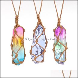 Pendant Necklaces Healing Crystal Column Dyed Natural Stone Pillar Weave Net Bag Charms Green Pink Rope Chai Mjfashion Dhmeb