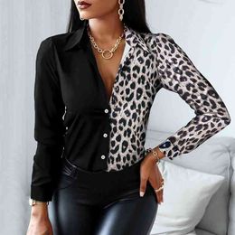 Women Fashion Shirt Lady Long Sleeve Blouse Turn-down CollarButton Design Leopard Print Casual Shirts blusas L220705