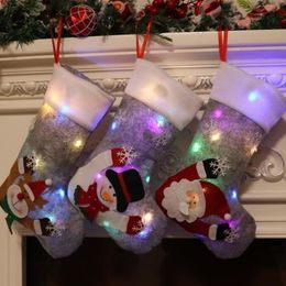 -Decorazione natalizia calze caramelle calze a ciondolo di Natale grigio grande stoccaggio natalizio con luci per calzini da Natale per bambini