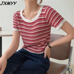 Fashion Summer Loose T-shirt Short Gentle Wind Top Striped Ice Silk Knit Women's Short Sleeve JXMYY 210412