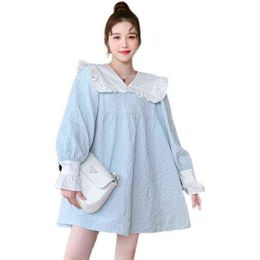 Autumn Plus Size Woman Clothes Sweet Peter Pan Collar Long Sleeve Pregnant Women Aline Dress Maternity Empire Dobby Dress J220628