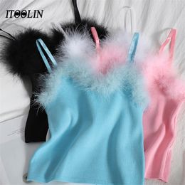 ITOOLIN Plush Camis Spaghetti Strap Tank Crop Top Women Patchwork Slim Camisole Soft Girl Knitted Vest Baby Tee Y2k Clothes 220325
