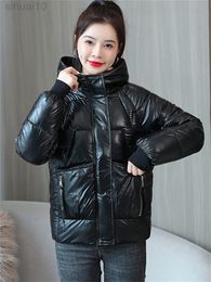 Free Wash Glossy Down Cotton Coats Women Short Loose Parkas 2022 Winter New Fashion Korean Black Pink Long Sleeve Warmth Outwear L220730