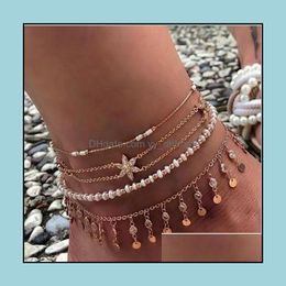 Anklets Jewellery 4 Pcs Snow Anklet Bracelets Set For Women Fashion Girls Layered With Tassel Pendant Gold Boho Ankle Necklace Chain Drop Deli