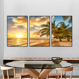 3 Pieces Modular Dusk Seascape Wall Art Canvas Painting Modern Beach Palm tree Poster and Prints Pictures for Living Room Decor
