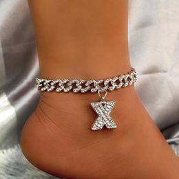 Anklets 9mm Statement Cuban Link Chain Anklet Bracelets For Women Crystal Initial Letter Chunky Hip Hop Barefoot Jewellery