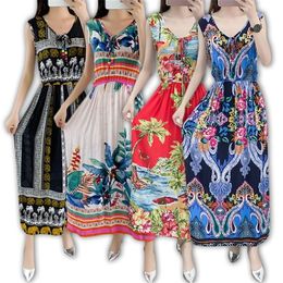 Vintage Women Summer Bohemian Dress Beach Boho Elegant Printed Dresses New Fashion Flower Loose Plus Size Sleeveless Dress T200604