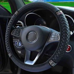 Black PU Leather Diamond Car Steering Wheel Cover Protector 15 "38Cm Car Interior Diy Styling Accessories J220808