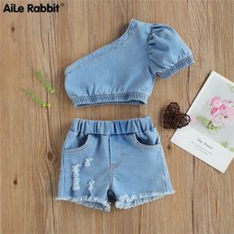 Baby Summer Clothing Girl Two Piece Set, Kid Single Shoulder Crop Tops Shirt Ripped Denim Shorts With Pockets For Children 220425