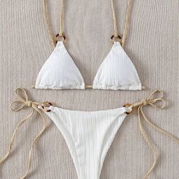 Sexy Bikini Set Cute White Plain Ring Linked Strap Triangle Thong Biquini Swimsuit Swimwear Women Bathing Suit B0 220621