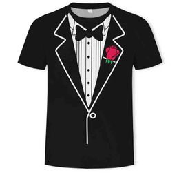 Fake Two Pieces T Shirt Men bowknot Rose gentleman Tshirt Summer Funny Clothes Print Suit Tops Fashion Skin Tight 3d Tees Shirt L220704