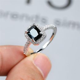 Wedding Rings Vintage Female Crystal Black Stone Ring Silver Colour Thin For Women Trendy Square Zircon Engagement
