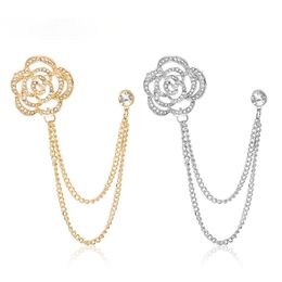 Fashion Rhinestone Hollow Rose Flower Brooch Pins Crystal Tassel Chain Brooches Shirt Suit Collar Pin Accessories Gifts