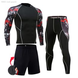 Men Mma Compression Sports Underwear Gym Suit Warm Sweat Suit Rashgarda Long Sleeves 3-piece Set Fitness Tight Jogging 4xl 220330