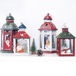 Candle Holders Retro Christmas Ornaments Lantern Windproof Holder Decoration Snowman Santa Iron