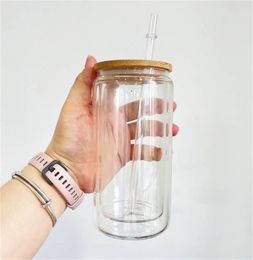 Glass de sublimación de doble pared de 16 oz puede vidrio de vaso de globo de nieve de vaso de cerveza bebida con tapa de bambú y regalo personalizado de paja personalizada en venta