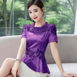 Women's Blouses & Shirts S-4XL Summer Clothing Elegant Beaded Embroidery Shirt Slim Sweet Women Blouse Patchwork Satin Lace Tops