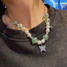 Chokers Hip Hop Imitation Pearls Necklace Cross Butterfly Green Glass Ball Clavicle Chain Couple Same Style For Women Jewellery Heal22