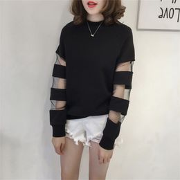 Korean-style Gauze Hollow Out Joint Casual Hoodies Loose-Fit Loog Sleeve Pullovers O-Neck Harajuku Hoodie T200311