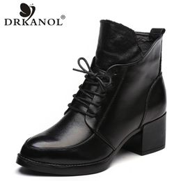 DRKANOL Genuine Leather Thick Heel Women Boots Solid Black Winter Ankle Boots Motorcycle Botas Pointed Toe Warm Women Shoes 201102
