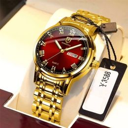 QINGXIYA Top Brand Luxury Gold Red Quartz Watch Men Stainless Steel Luminous Waterproof Watches Week Calendar Business Watch Men 220530