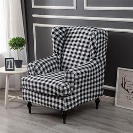 Plaid Dustproof Sloping Arm King Back Chair Cover Elastic Armchair Wingback Wing Sofa Back Dining Chair Cover Stretch Protector 220513