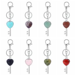 Women Key Shape Pendant KeyChain for Bag Car Natural Love Heart Gemstone Lucy Lock Crystal Men Healing Chakra Cute Keyring