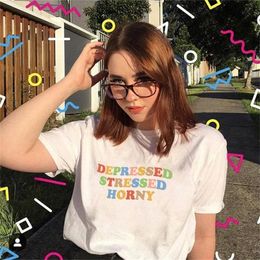 Porzingis Female T-shirt Rainbow Letter Printed tshirt Summer Fashion Depressed Stressed Horny Slogan Cotton T Shirt 220321