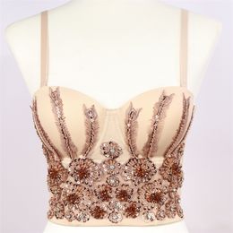 French Retro Camisole Women Beading Sequins Backless Crop Top Underwear Push Up Bustier Bra Nightclub Party Tank Tops 220331